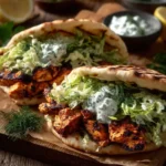 Sheet pan chicken pitas with herby ranch dressing served on a plate
