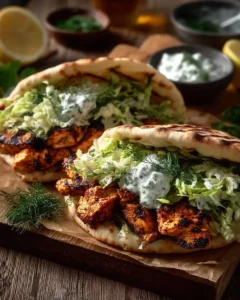 Sheet pan chicken pitas with herby ranch dressing served on a plate