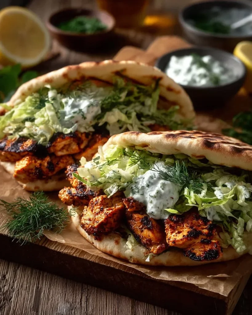 Sheet pan chicken pitas with herby ranch dressing served on a plate