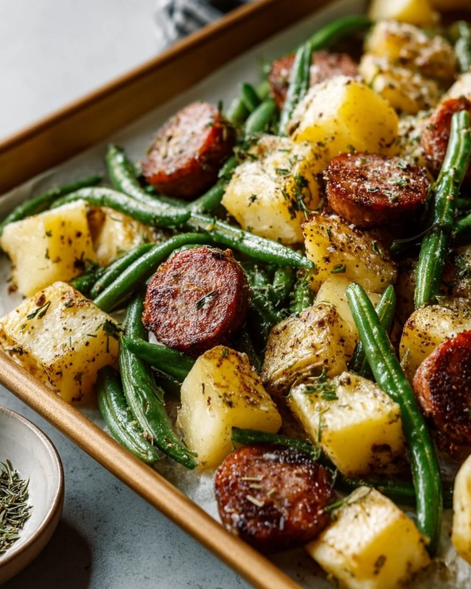 Sheet pan sausage with roasted potatoes and green beans on a baking tray