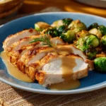 A bowl of simple turkey gravy served over mashed potatoes.