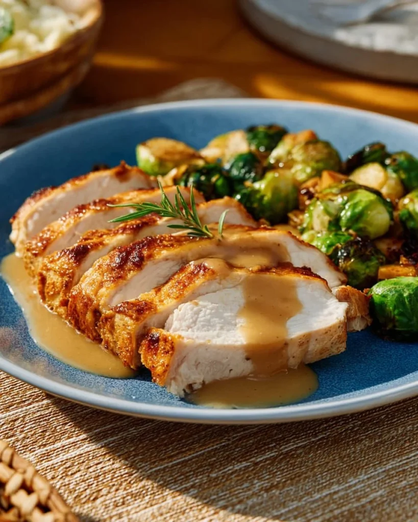 A bowl of simple turkey gravy served over mashed potatoes.