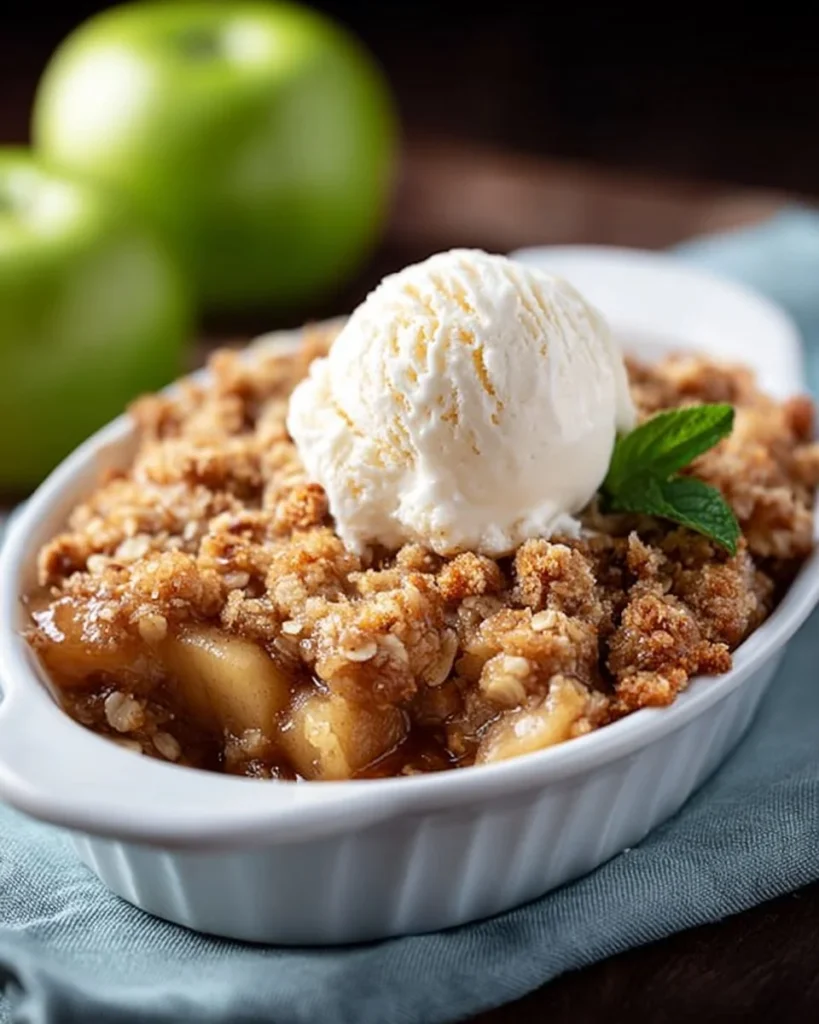 Delicious slow cooker apple crisp dessert topped with oats and cinnamon