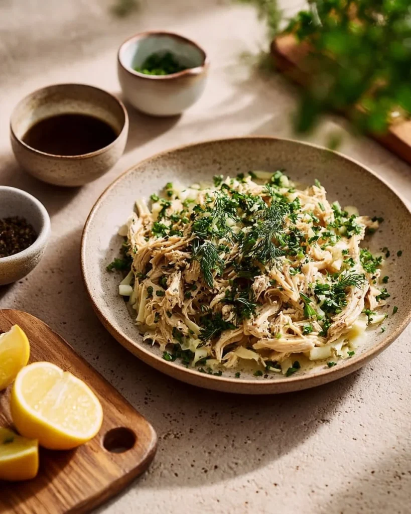 Slow Cooker Lemon Garlic Chicken dish with herbs and lemon slices