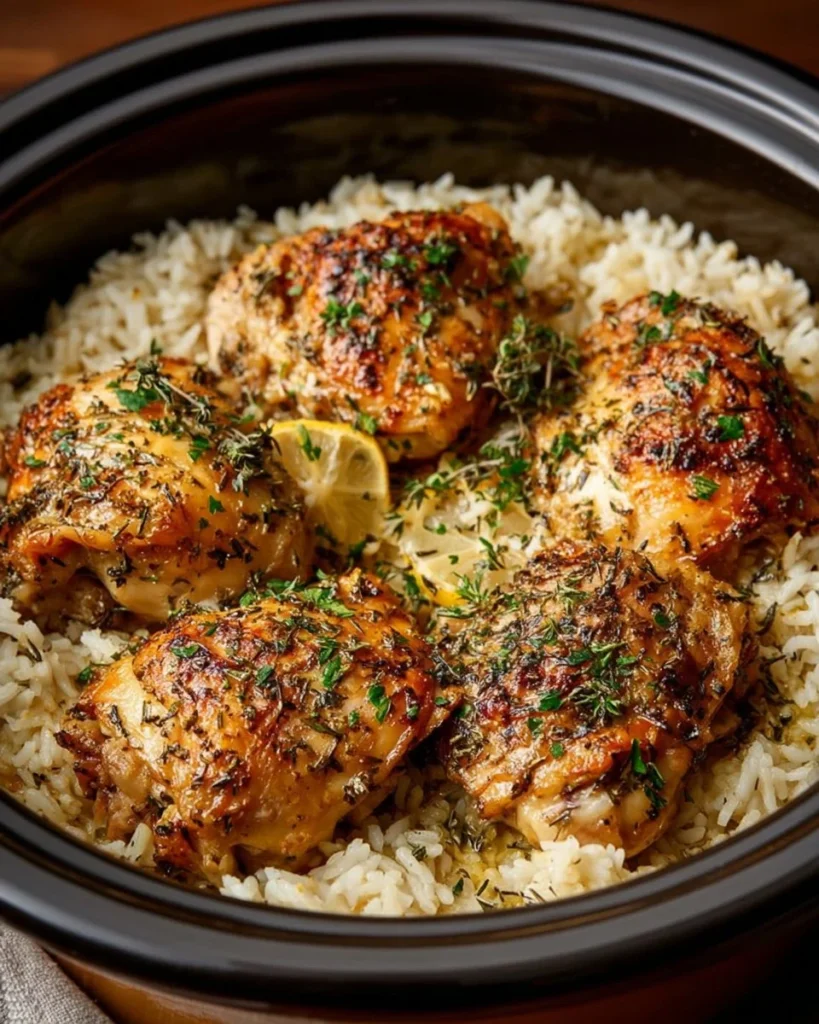 Slow cooker lemon herb chicken with steamed fluffy rice on a plate