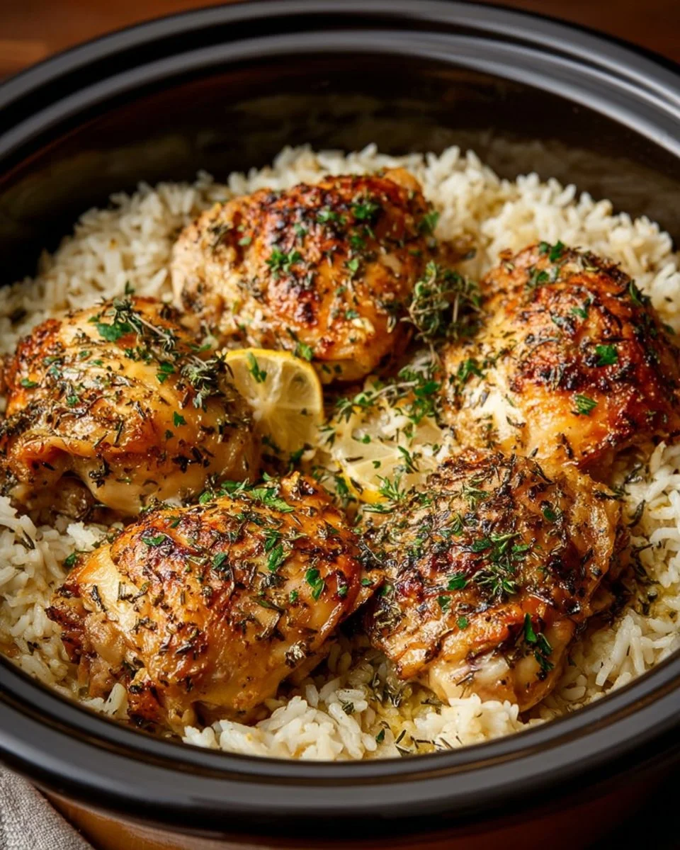 Slow cooker lemon herb chicken with steamed fluffy rice on a plate