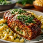 Delicious stuffed Italian Meatloaf ready to serve with garnishes.