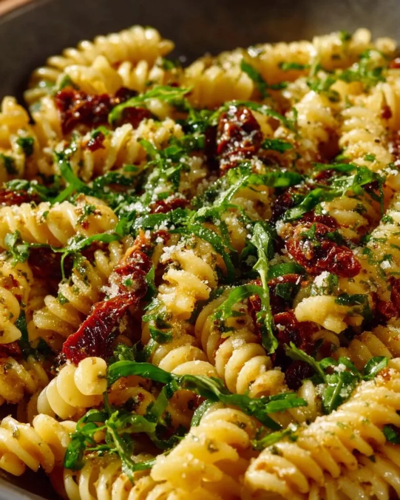 Plate of sun dried tomato pesto pasta garnished with herbs and cheese.