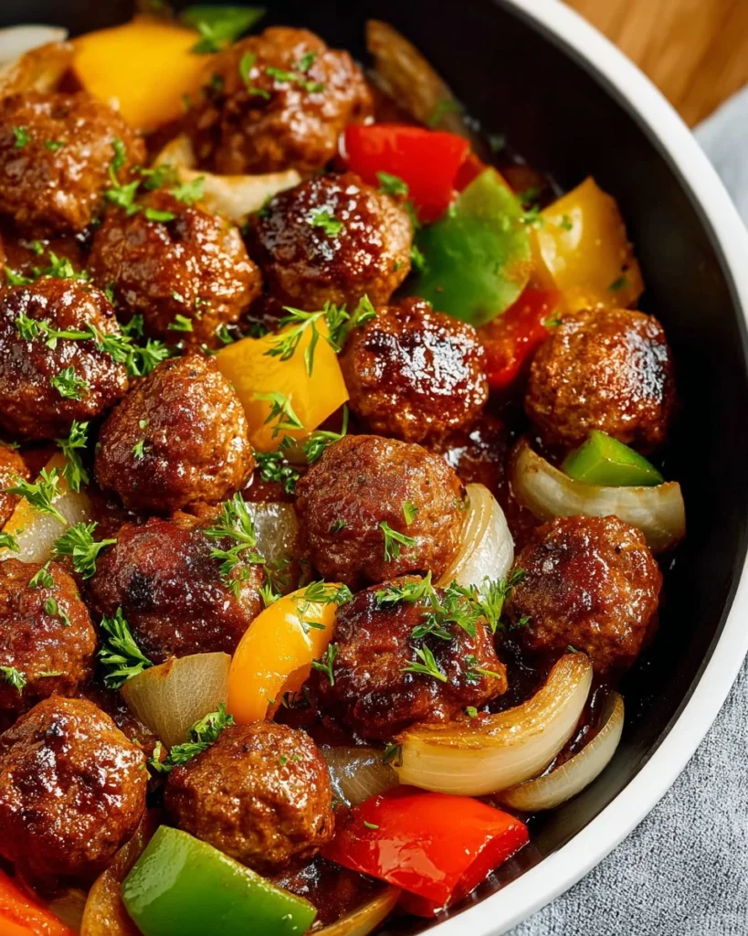Plate of sweet and sour meatballs garnished with herbs