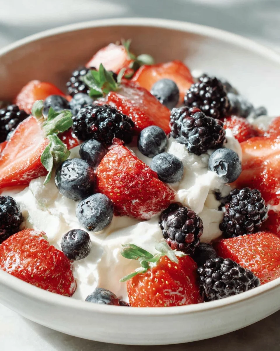 Triple Berry Cheesecake Fruit Salad with fresh berries and creamy cheesecake