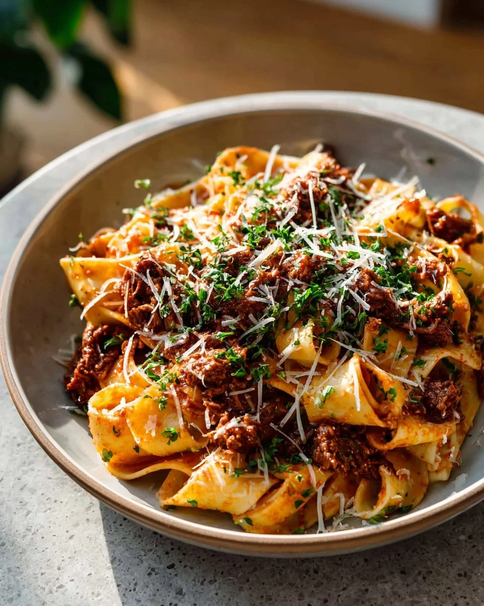 Delicious weekend braised beef ragu served with pappardelle pasta.