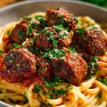 Plate of authentic Italian meatballs served with marinara sauce and parsley