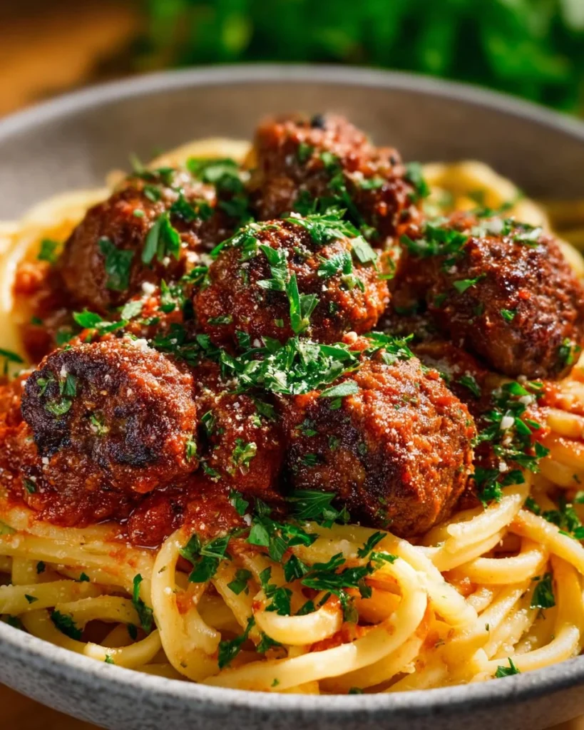 Plate of authentic Italian meatballs served with marinara sauce and parsley