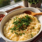 Baked Cheese Risotto served in a bowl, topped with fresh herbs