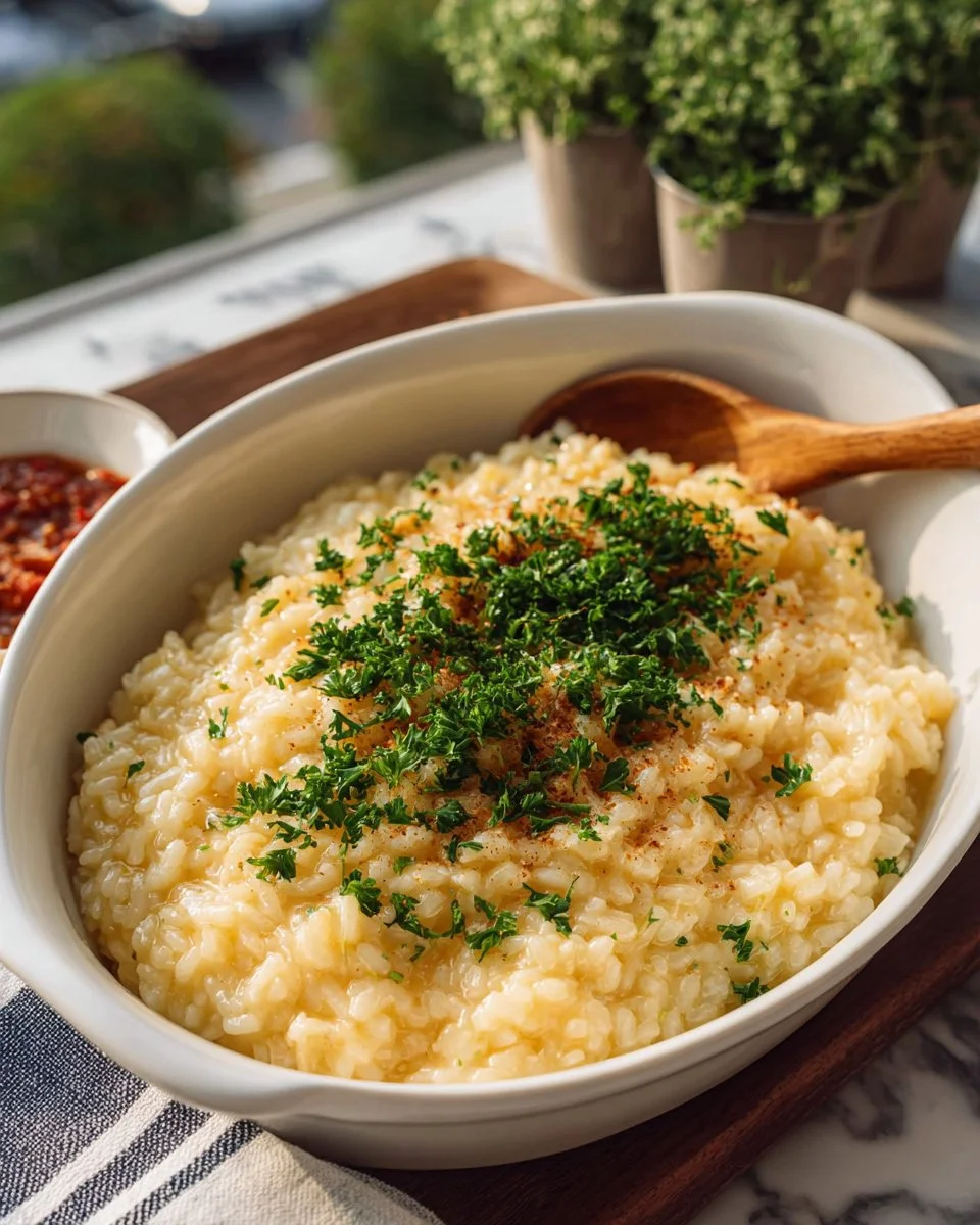 Baked Cheese Risotto served in a bowl, topped with fresh herbs