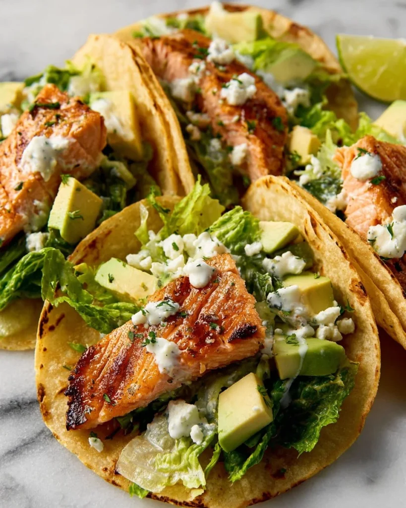 Baked salmon tacos served with fresh toppings in a colorful presentation.