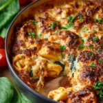 Delicious Baked Tortellini Casserole served in a dish