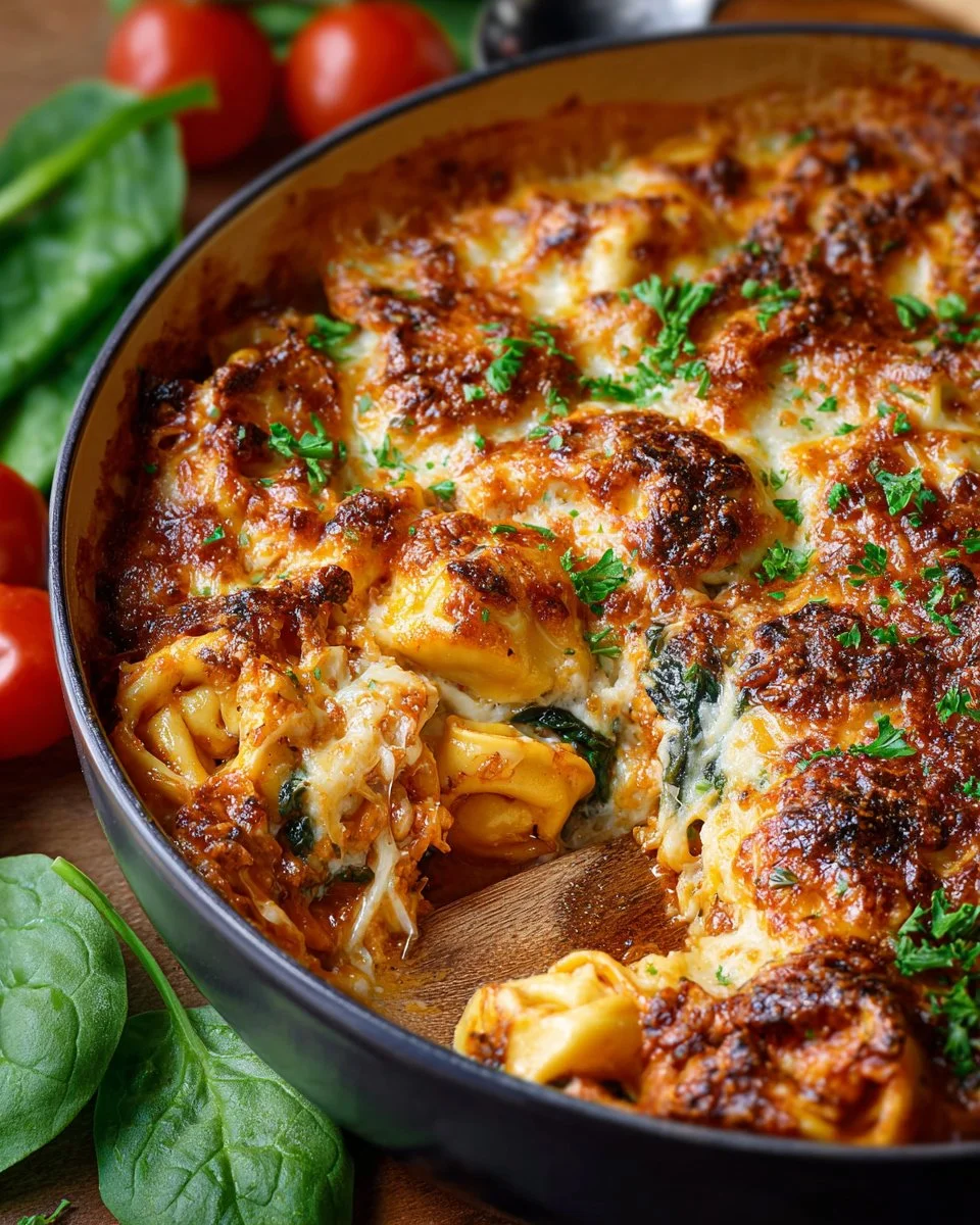 Delicious Baked Tortellini Casserole served in a dish