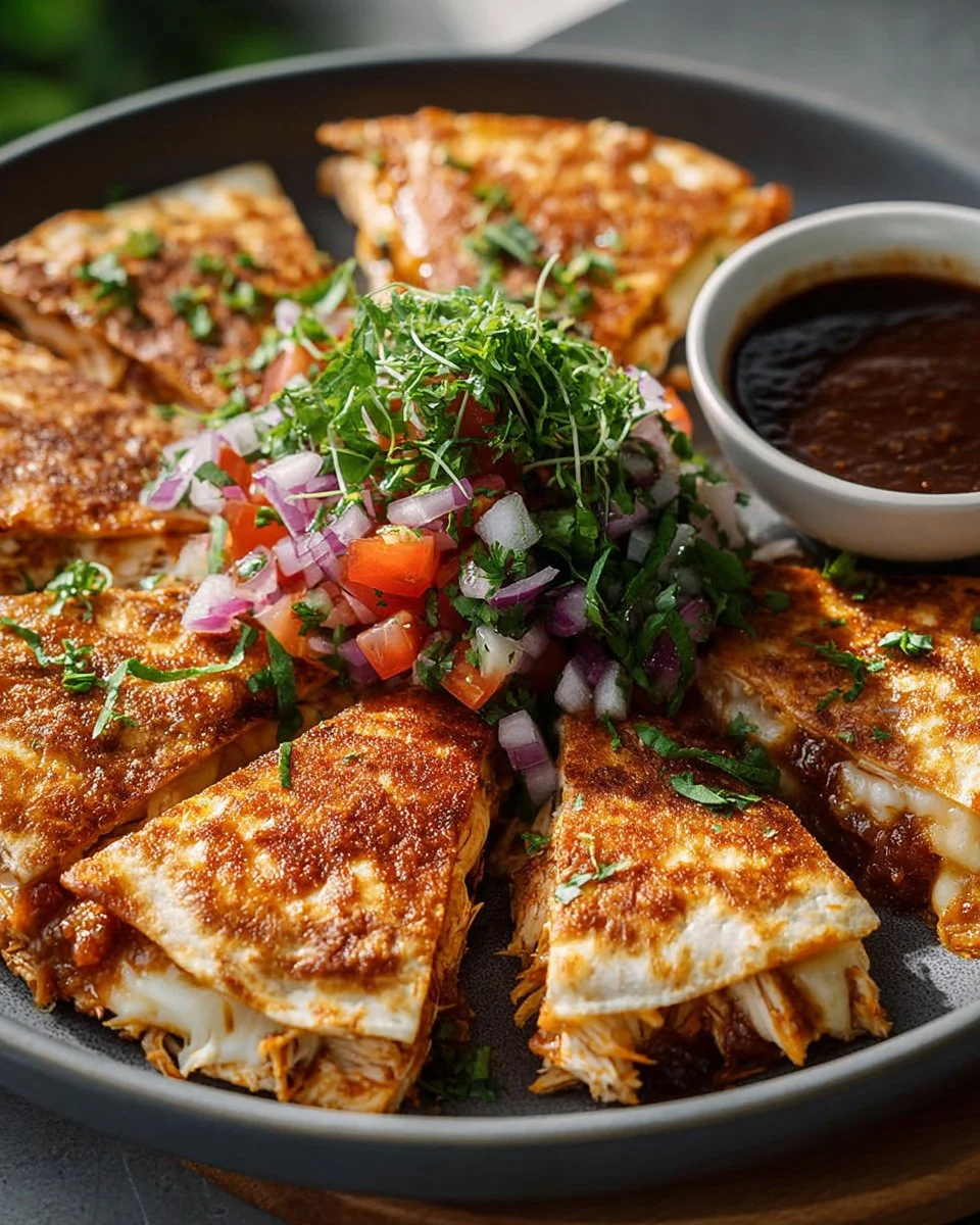 Delicious BBQ Chicken Quesadillas served with salsa and guacamole.