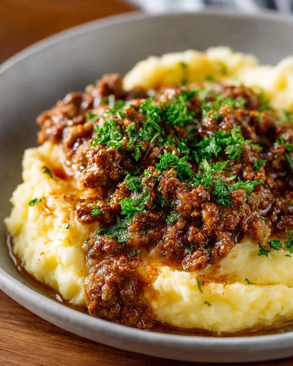 Delicious homemade beef gravy served over mashed potatoes