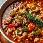 Bowl of delicious stuffed pepper soup topped with herbs and spices.