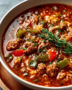 Bowl of delicious stuffed pepper soup topped with herbs and spices.