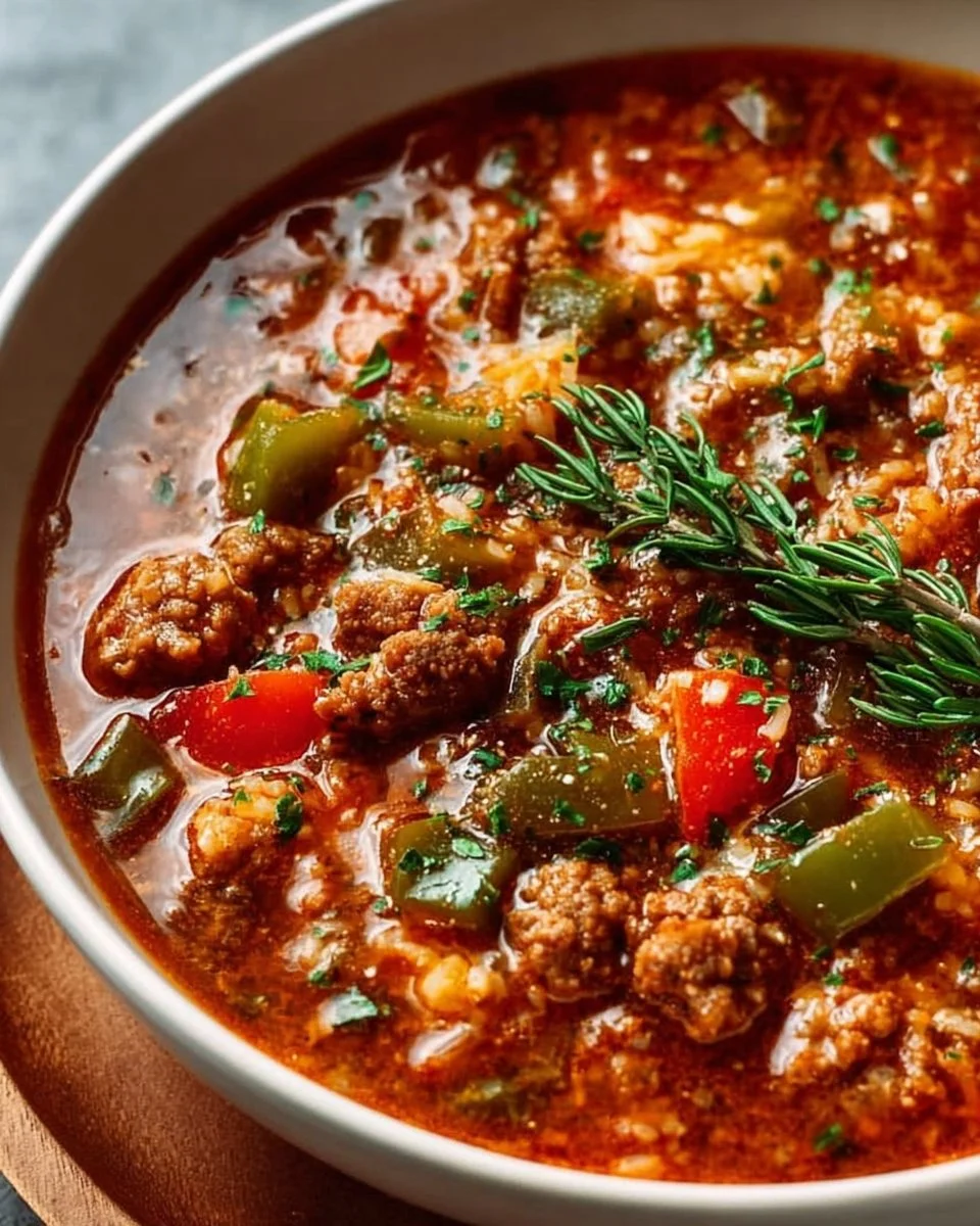 Bowl of delicious stuffed pepper soup topped with herbs and spices.