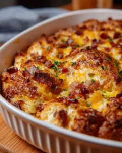 Hearty breakfast casserole with bacon, eggs, and cheese baked to perfection