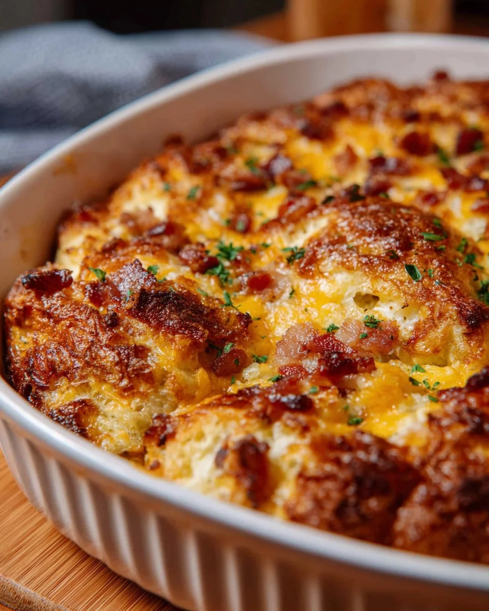 Hearty breakfast casserole with bacon, eggs, and cheese baked to perfection