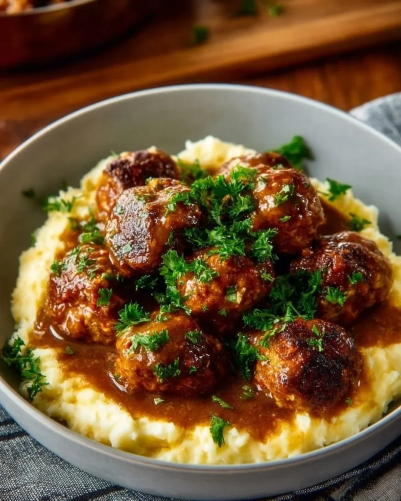 Homemade brown gravy served over mashed potatoes and roast beef.