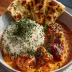 Delicious butter chicken served with naan and rice in a vibrant bowl