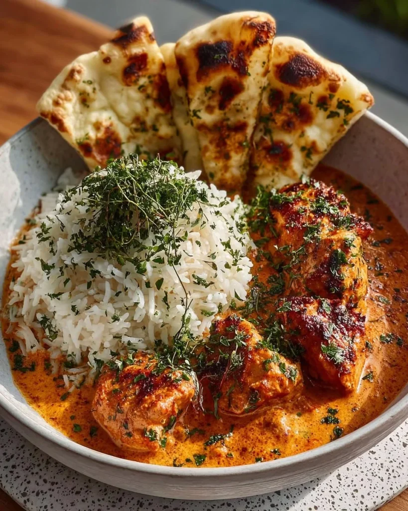 Delicious butter chicken served with naan and rice in a vibrant bowl