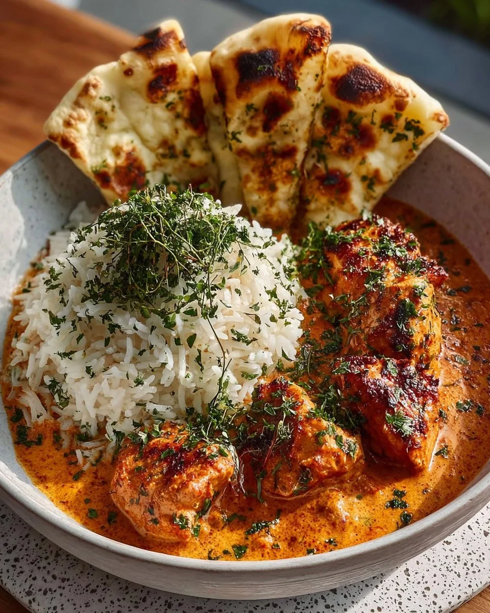 Delicious butter chicken served with naan and rice in a vibrant bowl