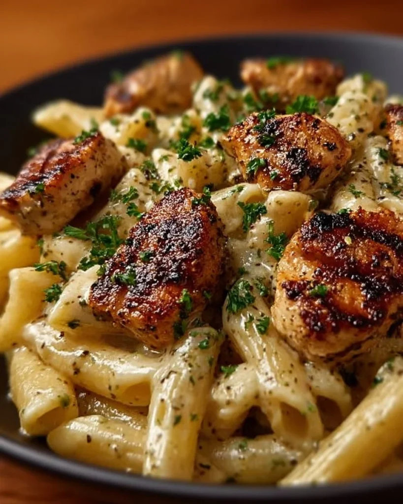 Creamy Cajun Chicken Pasta garnished with herbs and spices in a bowl