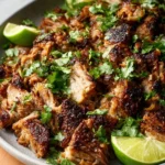 Plate of flavorful carnitas served with toppings and tortillas