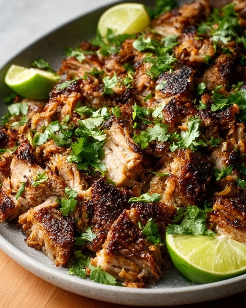 Plate of flavorful carnitas served with toppings and tortillas