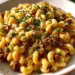 Creamy Cheeseburger Macaroni with beef and pasta in a bowl