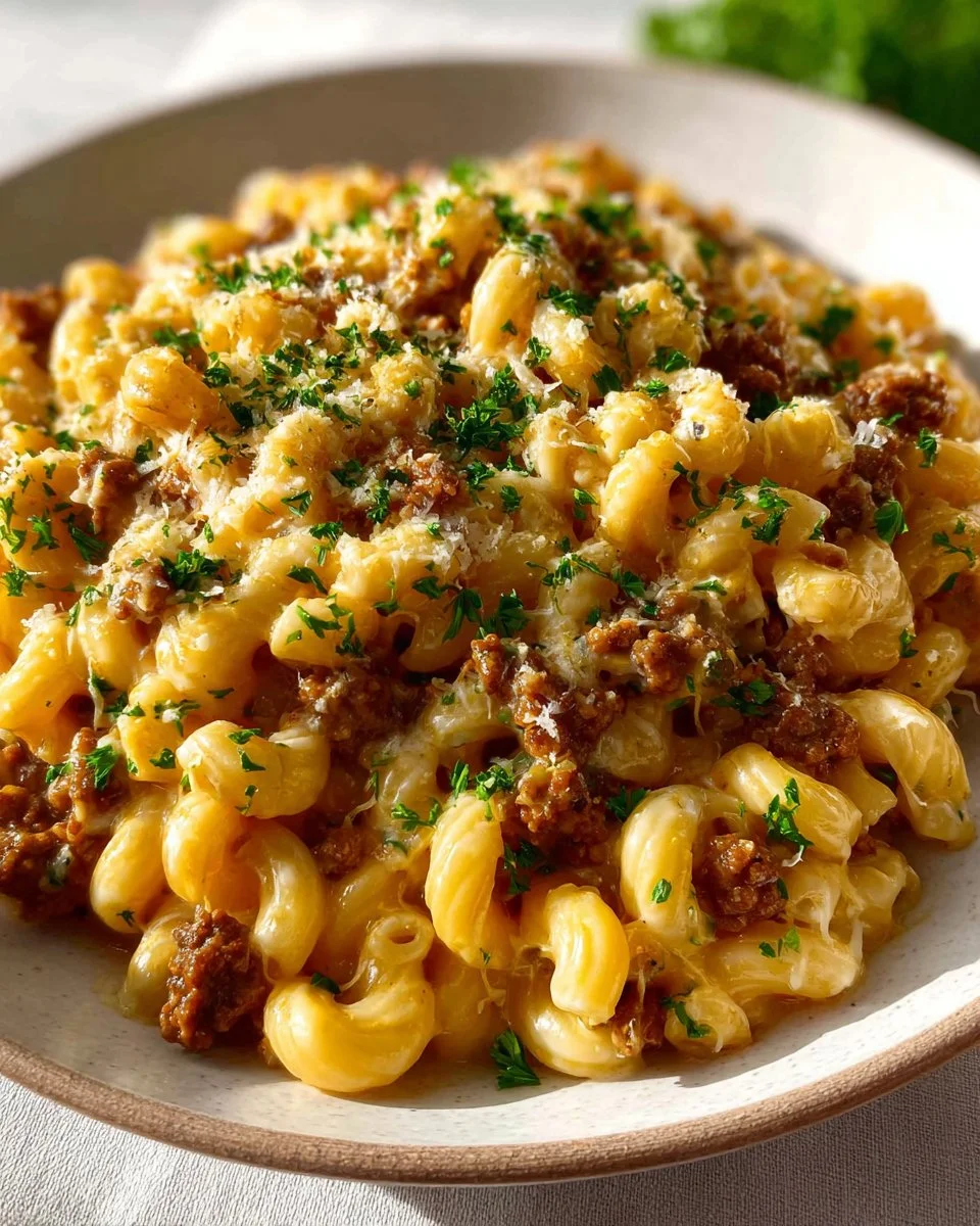 Creamy Cheeseburger Macaroni with beef and pasta in a bowl