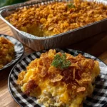 Cheesy Hash Brown Breakfast Bake served in a casserole dish