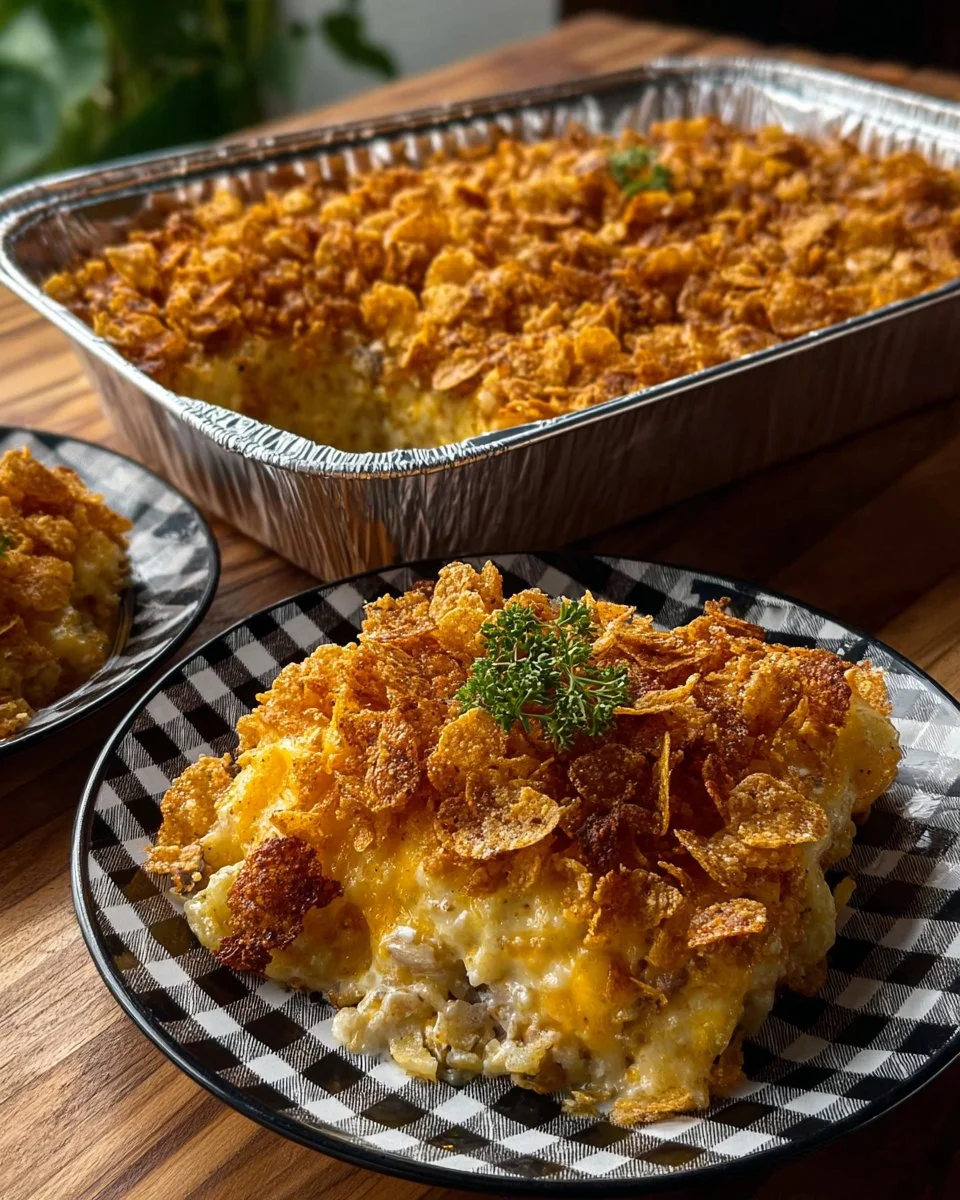Cheesy Hash Brown Breakfast Bake served in a casserole dish