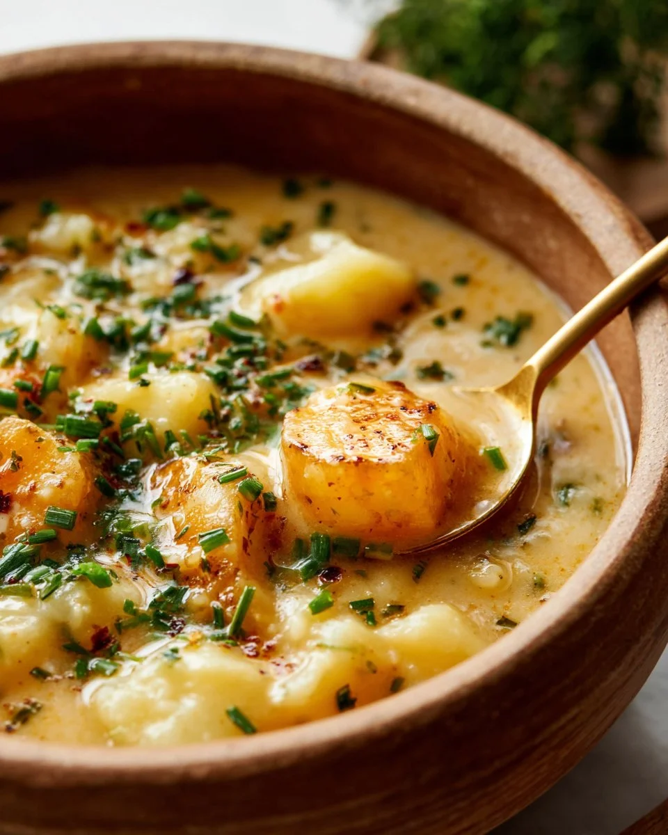 Bowl of cheesy potato soup garnished with herbs