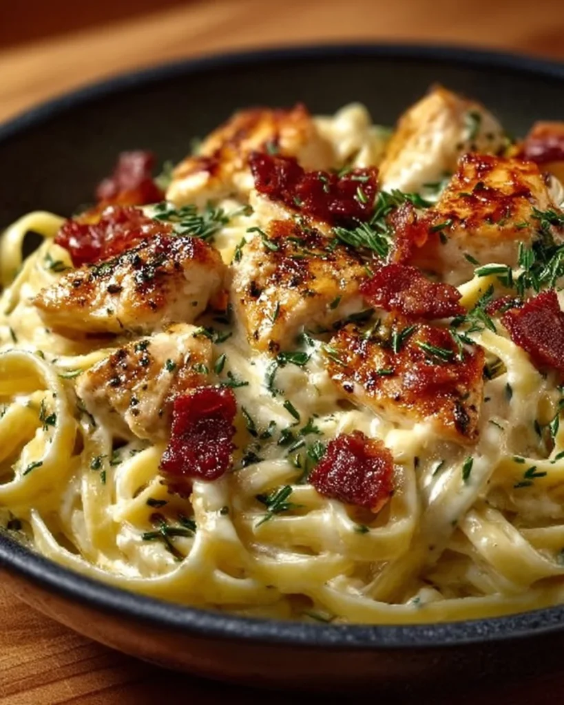 Creamy Chicken Bacon Ranch Pasta served in a bowl with toppings