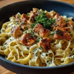 Plate of Chicken Buttered Noodles garnished with herbs