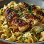 Plate of chicken served with buttered noodles, garnished and ready to eat.