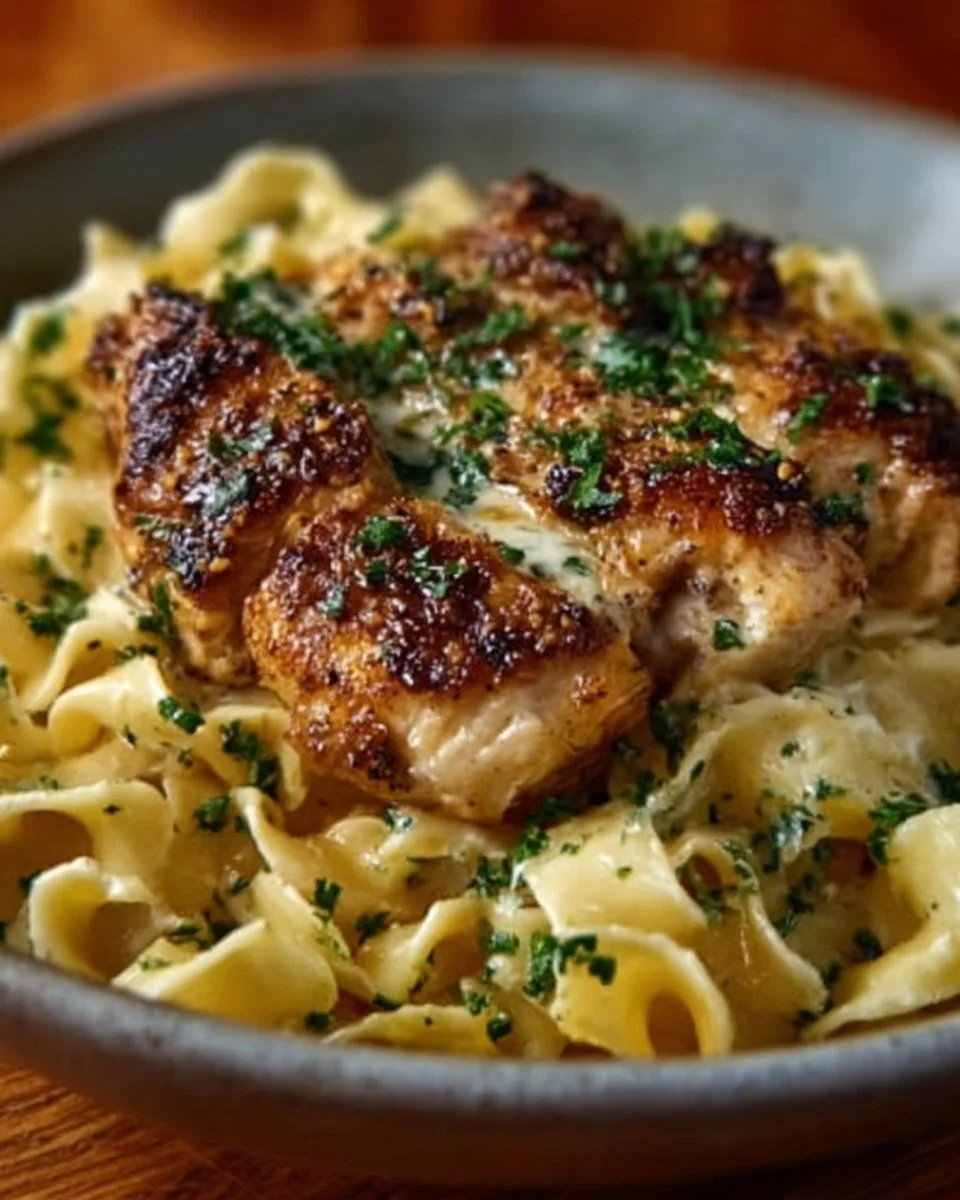 Plate of chicken served with buttered noodles, garnished and ready to eat.