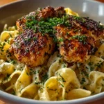 Plate of Chicken with Buttered Noodles, garnished with parsley.