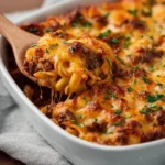 Creamy beef and mushroom casserole served in a ceramic dish