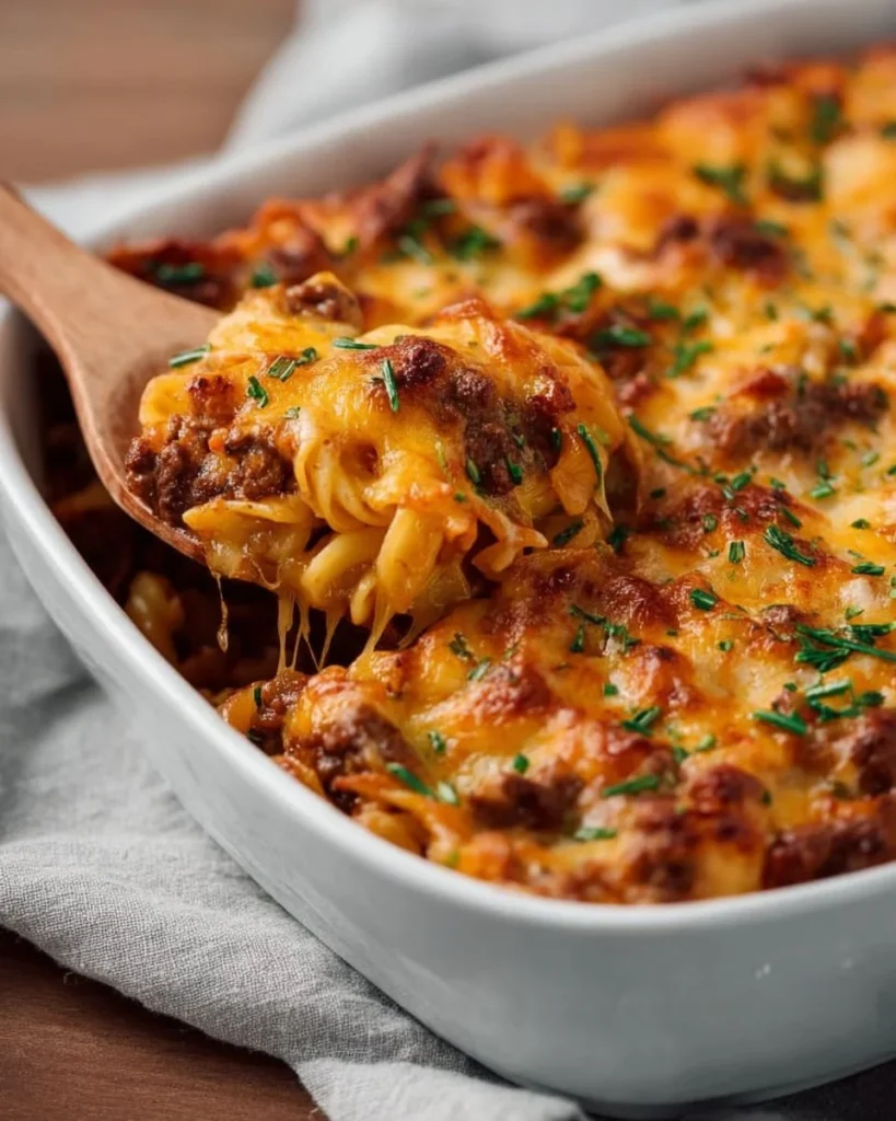 Creamy beef and mushroom casserole served in a ceramic dish