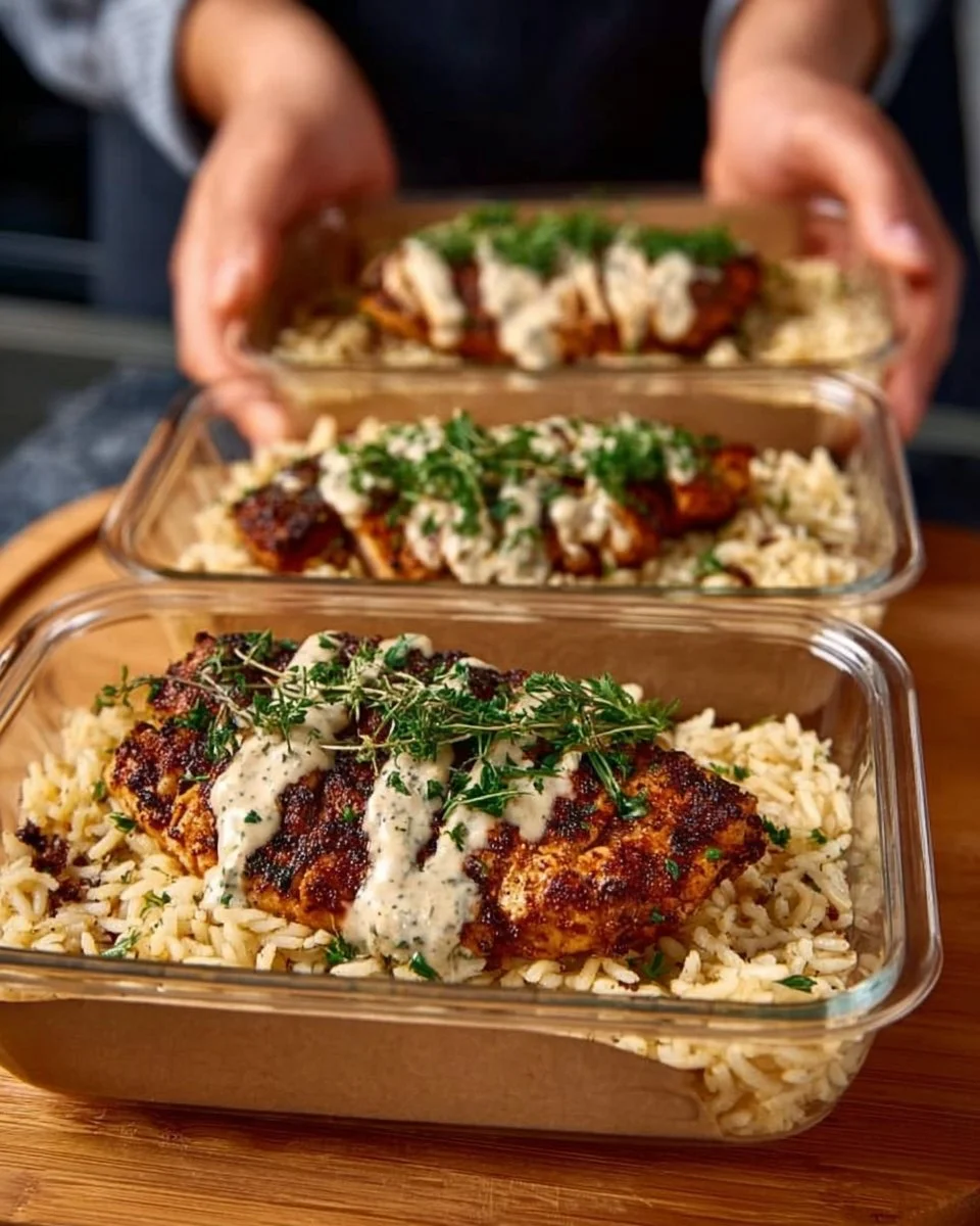 Creamy Cajun chicken and rice bowls topped with fresh herbs and spices