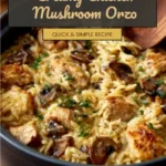 Creamy Chicken Mushroom Orzo dish garnished with herbs on a plate.